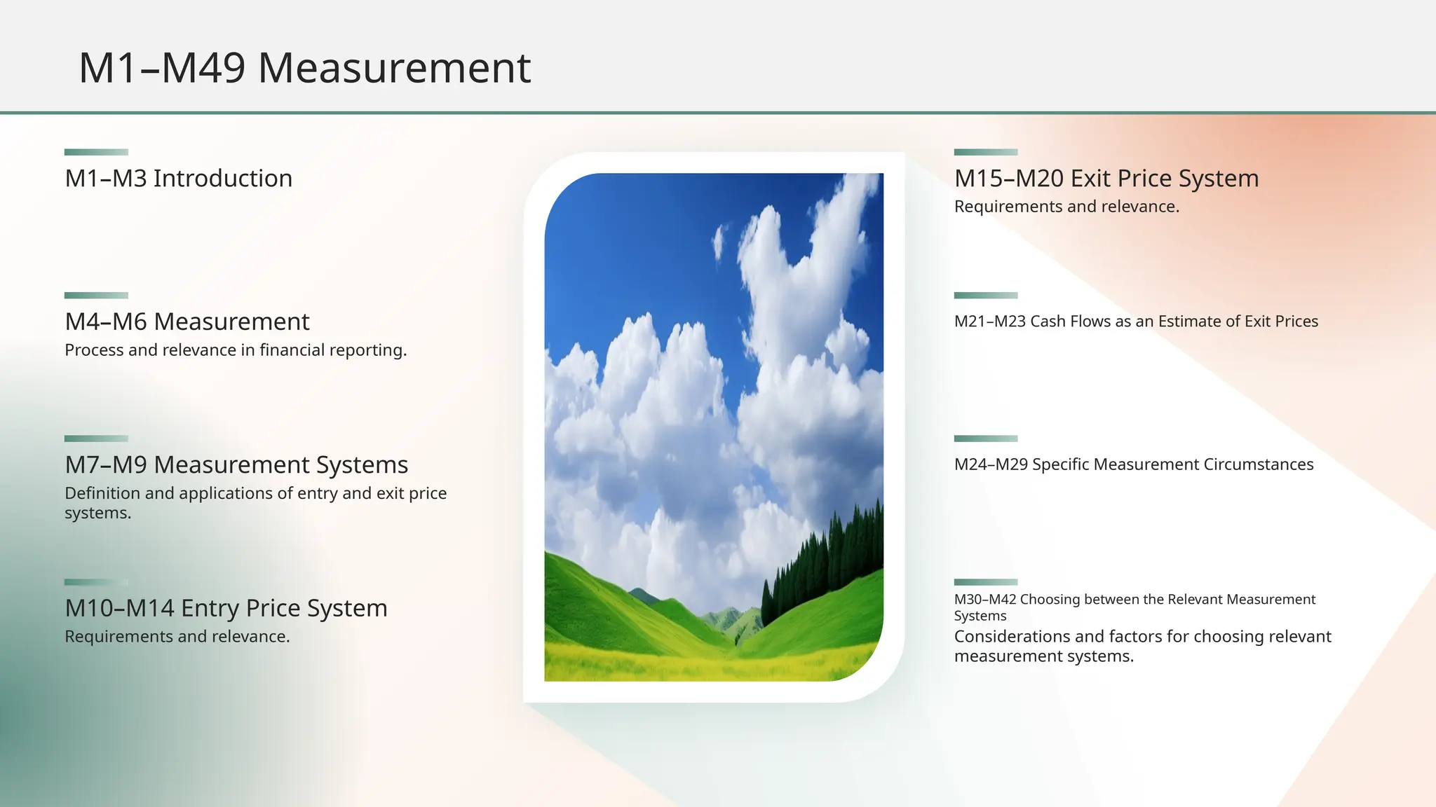 Requirements and relevance.
M15–M20 Exit Price System
M1–M3 Introduction
M21–M23 Cash Flows as an Estimate of Exit Prices
Process and relevance in financial reporting.
M4–M6 Measurement
M24–M29 Specific Measurement Circumstances
Definition and applications of entry and exit price
systems.
M7–M9 Measurement Systems
Considerations and factors for choosing relevant
measurement systems.
M30–M42 Choosing between the Relevant Measurement
Systems
Requirements and relevance.
M10–M14 Entry Price System
M1–M49 Measurement
 