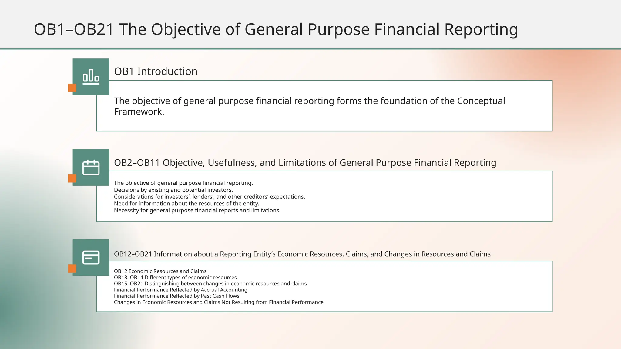 The objective of general purpose financial reporting forms the foundation of the Conceptual
Framework.
OB1 Introduction
The objective of general purpose financial reporting.
Decisions by existing and potential investors.
Considerations for investors’, lenders’, and other creditors’ expectations.
Need for information about the resources of the entity.
Necessity for general purpose financial reports and limitations.
OB2–OB11 Objective, Usefulness, and Limitations of General Purpose Financial Reporting
OB12 Economic Resources and Claims
OB13–OB14 Different types of economic resources
OB15–OB21 Distinguishing between changes in economic resources and claims
Financial Performance Reflected by Accrual Accounting
Financial Performance Reflected by Past Cash Flows
Changes in Economic Resources and Claims Not Resulting from Financial Performance
OB12–OB21 Information about a Reporting Entity’s Economic Resources, Claims, and Changes in Resources and Claims
OB1–OB21 The Objective of General Purpose Financial Reporting
 