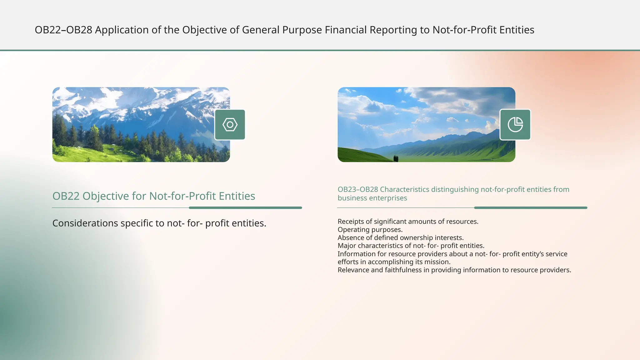 Considerations specific to not- for- profit entities.
OB22 Objective for Not-for-Profit Entities
Receipts of significant amounts of resources.
Operating purposes.
Absence of defined ownership interests.
Major characteristics of not- for- profit entities.
Information for resource providers about a not- for- profit entity’s service
efforts in accomplishing its mission.
Relevance and faithfulness in providing information to resource providers.
OB23–OB28 Characteristics distinguishing not-for-profit entities from
business enterprises
OB22–OB28 Application of the Objective of General Purpose Financial Reporting to Not-for-Profit Entities
 