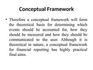 Conceptual Framework
• Therefore a conceptual framework will form
the theoretical basis for determining which
events should be accounted for, how they
should be measured and how they should be
communicated to the user. Although it is
theoretical in nature, a conceptual framework
for financial reporting has highly practical
final aims.
 