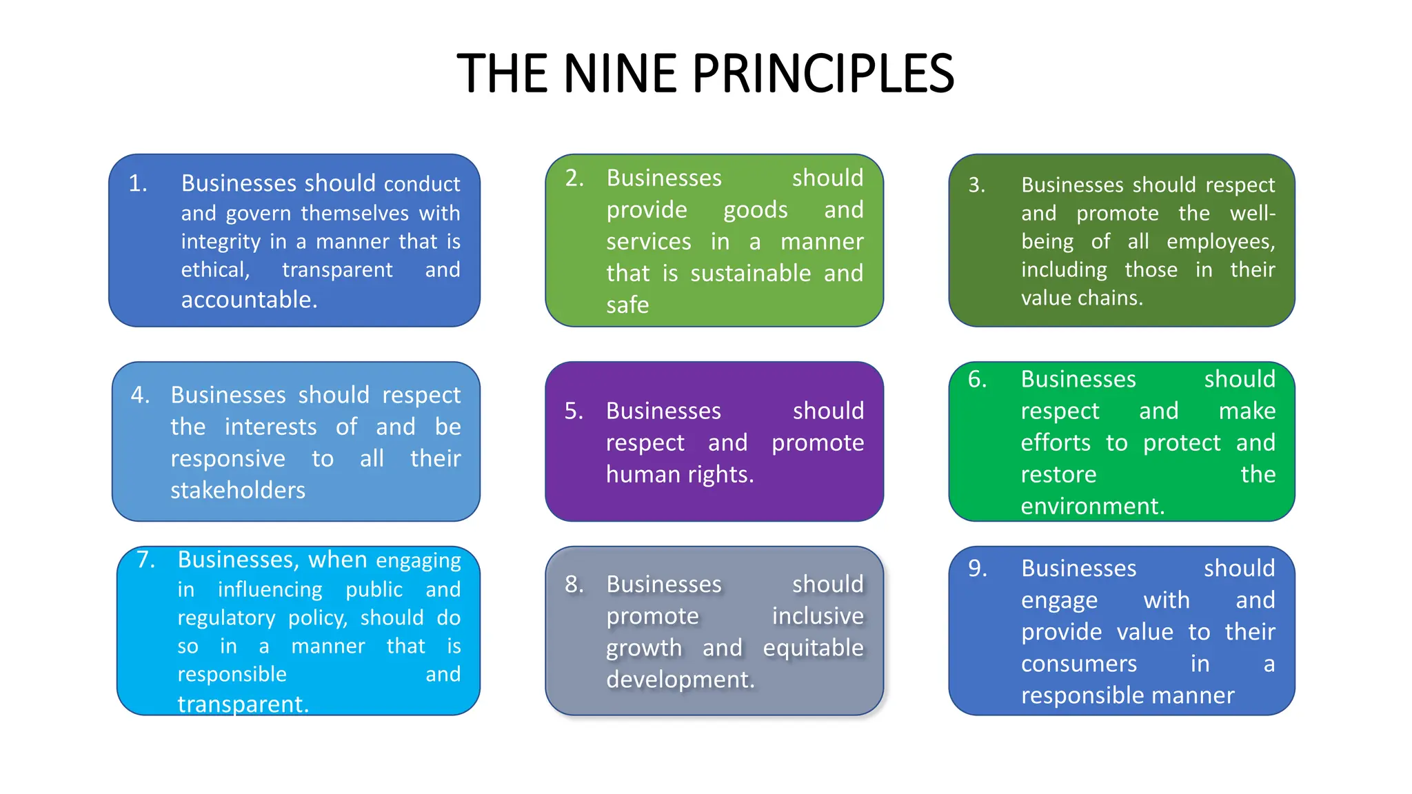 THE NINE PRINCIPLES
1. Businesses should conduct
and govern themselves with
integrity in a manner that is
ethical, transparent and
accountable.
2. Businesses should
provide goods and
services in a manner
that is sustainable and
safe
3. Businesses should respect
and promote the well-
being of all employees,
including those in their
value chains.
4. Businesses should respect
the interests of and be
responsive to all their
stakeholders
5. Businesses should
respect and promote
human rights.
6. Businesses should
respect and make
efforts to protect and
restore the
environment.
7. Businesses, when engaging
in influencing public and
regulatory policy, should do
so in a manner that is
responsible and
transparent.
8. Businesses should
promote inclusive
growth and equitable
development.
9. Businesses should
engage with and
provide value to their
consumers in a
responsible manner
 
