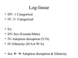 Log-linear
• DV: 1 Categorical
• IV: 2+ Categorical
• Ex:
• DV-Sex (Female/Male)
• IV-Adoption disruption (Y/N)
• IV-Ethnicity (H/AA/W/A)
• Sex   Adoption disruption & Ethnicity
 