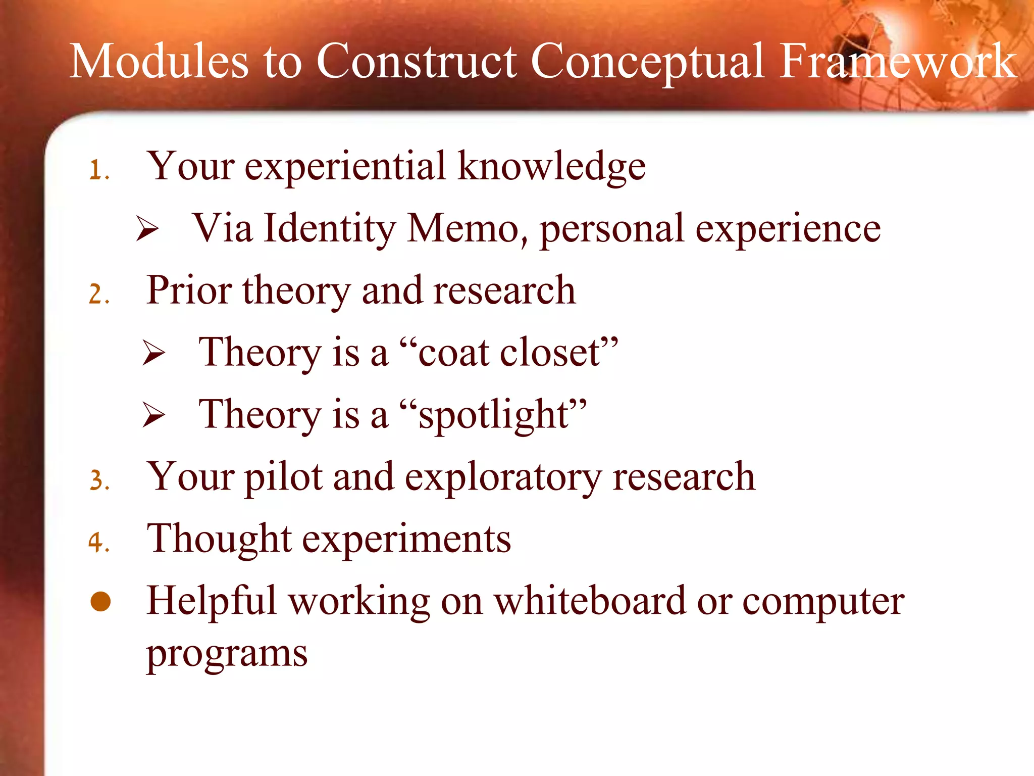 Modules to Construct Conceptual Framework
1. Your experiential knowledge
 Via Identity Memo, personal experience
2. Prior theory and research
 Theory is a “coat closet”
 Theory is a “spotlight”
3. Your pilot and exploratory research
4. Thought experiments
 Helpful working on whiteboard or computer
programs
 