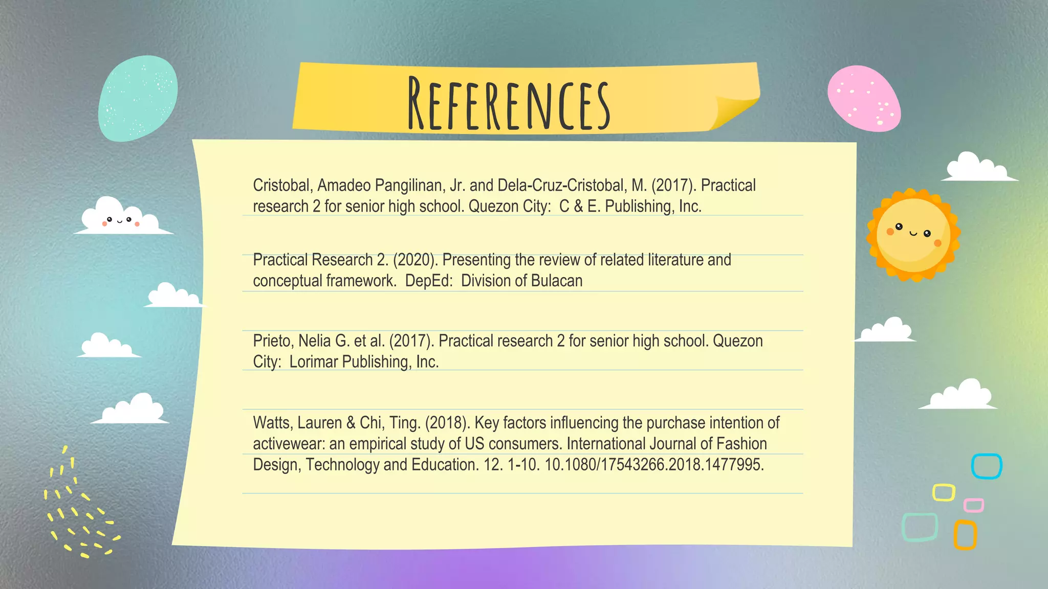 References
Watts, Lauren & Chi, Ting. (2018). Key factors influencing the purchase intention of
activewear: an empirical study of US consumers. International Journal of Fashion
Design, Technology and Education. 12. 1-10. 10.1080/17543266.2018.1477995.
Cristobal, Amadeo Pangilinan, Jr. and Dela-Cruz-Cristobal, M. (2017). Practical
research 2 for senior high school. Quezon City: C & E. Publishing, Inc.
Practical Research 2. (2020). Presenting the review of related literature and
conceptual framework. DepEd: Division of Bulacan
Prieto, Nelia G. et al. (2017). Practical research 2 for senior high school. Quezon
City: Lorimar Publishing, Inc.
 
