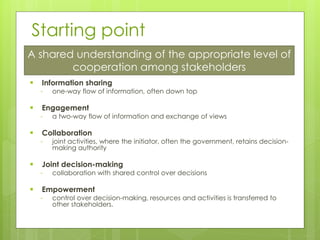 Starting point
▪ Information sharing
- one-way flow of information, often down top
▪ Engagement
- a two-way flow of information and exchange of views
▪ Collaboration
- joint activities, where the initiator, often the government, retains decision-
making authority
▪ Joint decision-making
- collaboration with shared control over decisions
▪ Empowerment
- control over decision-making, resources and activities is transferred to
other stakeholders.
A shared understanding of the appropriate level of
cooperation among stakeholders
 