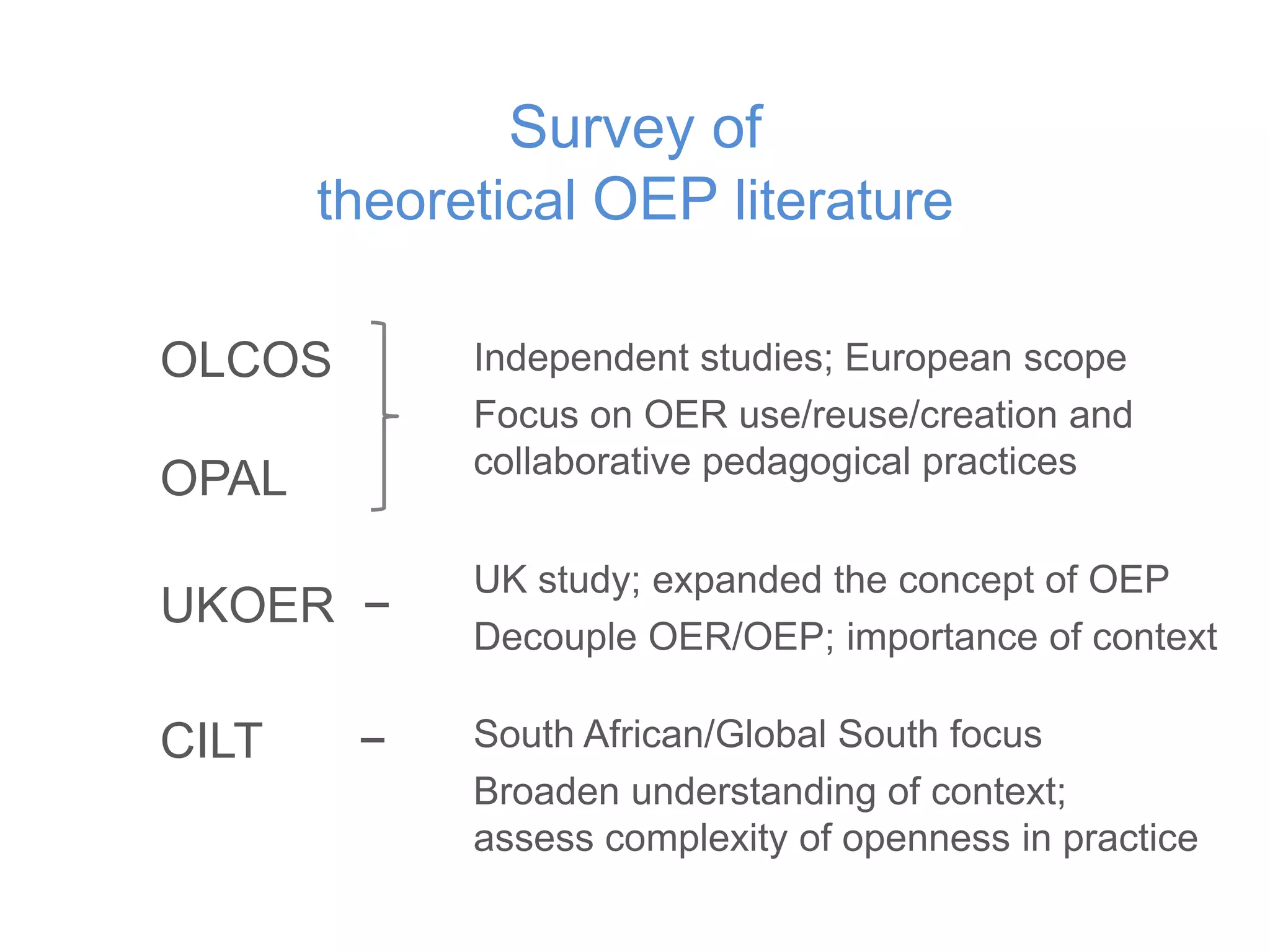 Survey of
theoretical OEP literature
OLCOS
OPAL
UKOER −
CILT −
Independent studies; European scope
Focus on OER use/reuse/creation and
collaborative pedagogical practices
UK study; expanded the concept of OEP
Decouple OER/OEP; importance of context
South African/Global South focus
Broaden understanding of context;
assess complexity of openness in practice
 