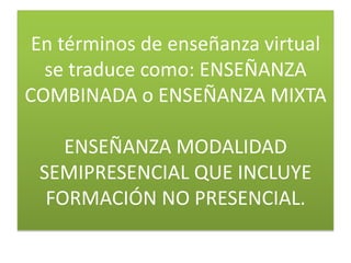 En términos de enseñanza virtual se traduce como: ENSEÑANZA COMBINADA o ENSEÑANZA MIXTAENSEÑANZA MODALIDAD SEMIPRESENCIAL QUE INCLUYE FORMACIÓN NO PRESENCIAL.