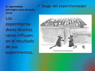 El experimento
psicológico como situación
social.
• Sesgo del experimentador
Los
experimenta-
dores muchas
veces influyen
en el resultado
de sus
experimentos.
 