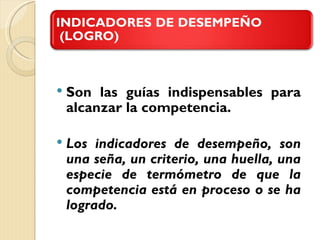    Son las guías indispensables para
    alcanzar la competencia.

   Los indicadores de desempeño, son
    una seña, un criterio, una huella, una
    especie de termómetro de que la
    competencia está en proceso o se ha
    logrado.
 