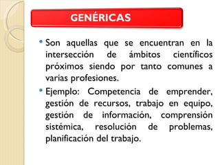  Son aquellas que se encuentran en la
  intersección de ámbitos científicos
  próximos siendo por tanto comunes a
  varias profesiones.
 Ejemplo: Competencia de emprender,
  gestión de recursos, trabajo en equipo,
  gestión de información, comprensión
  sistémica, resolución de problemas,
  planificación del trabajo.
 