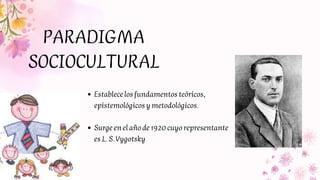 PARADIGMA
SOCIOCULTURAL
Establece los fundamentos teóricos,
epistemológicos y metodológicos.
Surge en el año de 1920 cuyo ...