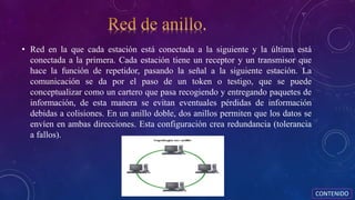 • Red en la que cada estación está conectada a la siguiente y la última está
conectada a la primera. Cada estación tiene un receptor y un transmisor que
hace la función de repetidor, pasando la señal a la siguiente estación. La
comunicación se da por el paso de un token o testigo, que se puede
conceptualizar como un cartero que pasa recogiendo y entregando paquetes de
información, de esta manera se evitan eventuales pérdidas de información
debidas a colisiones. En un anillo doble, dos anillos permiten que los datos se
envíen en ambas direcciones. Esta configuración crea redundancia (tolerancia
a fallos).
CONTENIDO
 
