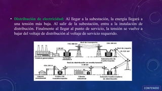 • Distribución de electricidad: Al llegar a la subestación, la energía llegará a
una tensión más baja. Al salir de la subestación, entra a la instalación de
distribución. Finalmente al llegar al punto de servicio, la tensión se vuelve a
bajar del voltaje de distribución al voltaje de servicio requerido.
CONTENIDO
 