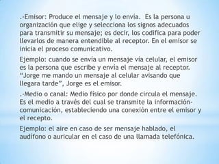 .-Emisor: Produce el mensaje y lo envía. Es la persona u
organización que elige y selecciona los signos adecuados
para transmitir su mensaje; es decir, los codifica para poder
llevarlos de manera entendible al receptor. En el emisor se
inicia el proceso comunicativo.
Ejemplo: cuando se envía un mensaje vía celular, el emisor
es la persona que escribe y envía el mensaje al receptor.
“Jorge me mando un mensaje al celular avisando que
llegara tarde”, Jorge es el emisor.
.-Medio o canal: Medio físico por donde circula el mensaje.
Es el medio a través del cual se transmite la información-
comunicación, estableciendo una conexión entre el emisor y
el recepto.
Ejemplo: el aire en caso de ser mensaje hablado, el
audífono o auricular en el caso de una llamada telefónica.
 