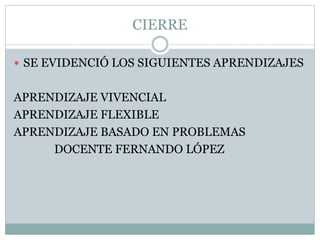 CIERRE
 SE EVIDENCIÓ LOS SIGUIENTES APRENDIZAJES
APRENDIZAJE VIVENCIAL
APRENDIZAJE FLEXIBLE
APRENDIZAJE BASADO EN PROBLEMAS
DOCENTE FERNANDO LÓPEZ
 