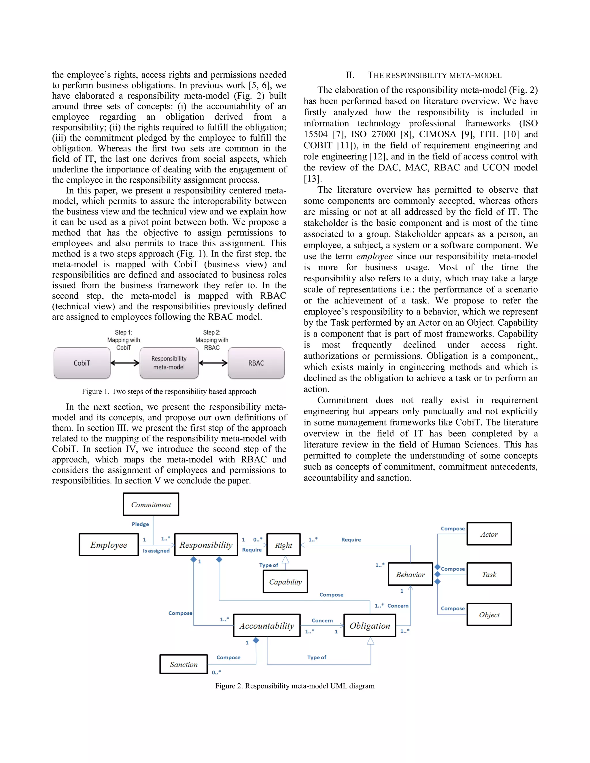 the employee’s rights, access rights and permissions needed
to perform business obligations. In previous work [5, 6], we
have elaborated a responsibility meta-model (Fig. 2) built
around three sets of concepts: (i) the accountability of an
employee regarding an obligation derived from a
responsibility; (ii) the rights required to fulfill the obligation;
(iii) the commitment pledged by the employee to fulfill the
obligation. Whereas the first two sets are common in the
field of IT, the last one derives from social aspects, which
underline the importance of dealing with the engagement of
the employee in the responsibility assignment process.
In this paper, we present a responsibility centered meta-
model, which permits to assure the interoperability between
the business view and the technical view and we explain how
it can be used as a pivot point between both. We propose a
method that has the objective to assign permissions to
employees and also permits to trace this assignment. This
method is a two steps approach (Fig. 1). In the first step, the
meta-model is mapped with CobiT (business view) and
responsibilities are defined and associated to business roles
issued from the business framework they refer to. In the
second step, the meta-model is mapped with RBAC
(technical view) and the responsibilities previously defined
are assigned to employees following the RBAC model.
Figure 1. Two steps of the responsibility based approach
In the next section, we present the responsibility meta-
model and its concepts, and propose our own definitions of
them. In section III, we present the first step of the approach
related to the mapping of the responsibility meta-model with
CobiT. In section IV, we introduce the second step of the
approach, which maps the meta-model with RBAC and
considers the assignment of employees and permissions to
responsibilities. In section V we conclude the paper.
II. THE RESPONSIBILITY META-MODEL
The elaboration of the responsibility meta-model (Fig. 2)
has been performed based on literature overview. We have
firstly analyzed how the responsibility is included in
information technology professional frameworks (ISO
15504 [7], ISO 27000 [8], CIMOSA [9], ITIL [10] and
COBIT [11]), in the field of requirement engineering and
role engineering [12], and in the field of access control with
the review of the DAC, MAC, RBAC and UCON model
[13].
The literature overview has permitted to observe that
some components are commonly accepted, whereas others
are missing or not at all addressed by the field of IT. The
stakeholder is the basic component and is most of the time
associated to a group. Stakeholder appears as a person, an
employee, a subject, a system or a software component. We
use the term employee since our responsibility meta-model
is more for business usage. Most of the time the
responsibility also refers to a duty, which may take a large
scale of representations i.e.: the performance of a scenario
or the achievement of a task. We propose to refer the
employee’s responsibility to a behavior, which we represent
by the Task performed by an Actor on an Object. Capability
is a component that is part of most frameworks. Capability
is most frequently declined under access right,
authorizations or permissions. Obligation is a component,,
which exists mainly in engineering methods and which is
declined as the obligation to achieve a task or to perform an
action.
Commitment does not really exist in requirement
engineering but appears only punctually and not explicitly
in some management frameworks like CobiT. The literature
overview in the field of IT has been completed by a
literature review in the field of Human Sciences. This has
permitted to complete the understanding of some concepts
such as concepts of commitment, commitment antecedents,
accountability and sanction.
Figure 2. Responsibility meta-model UML diagram
 