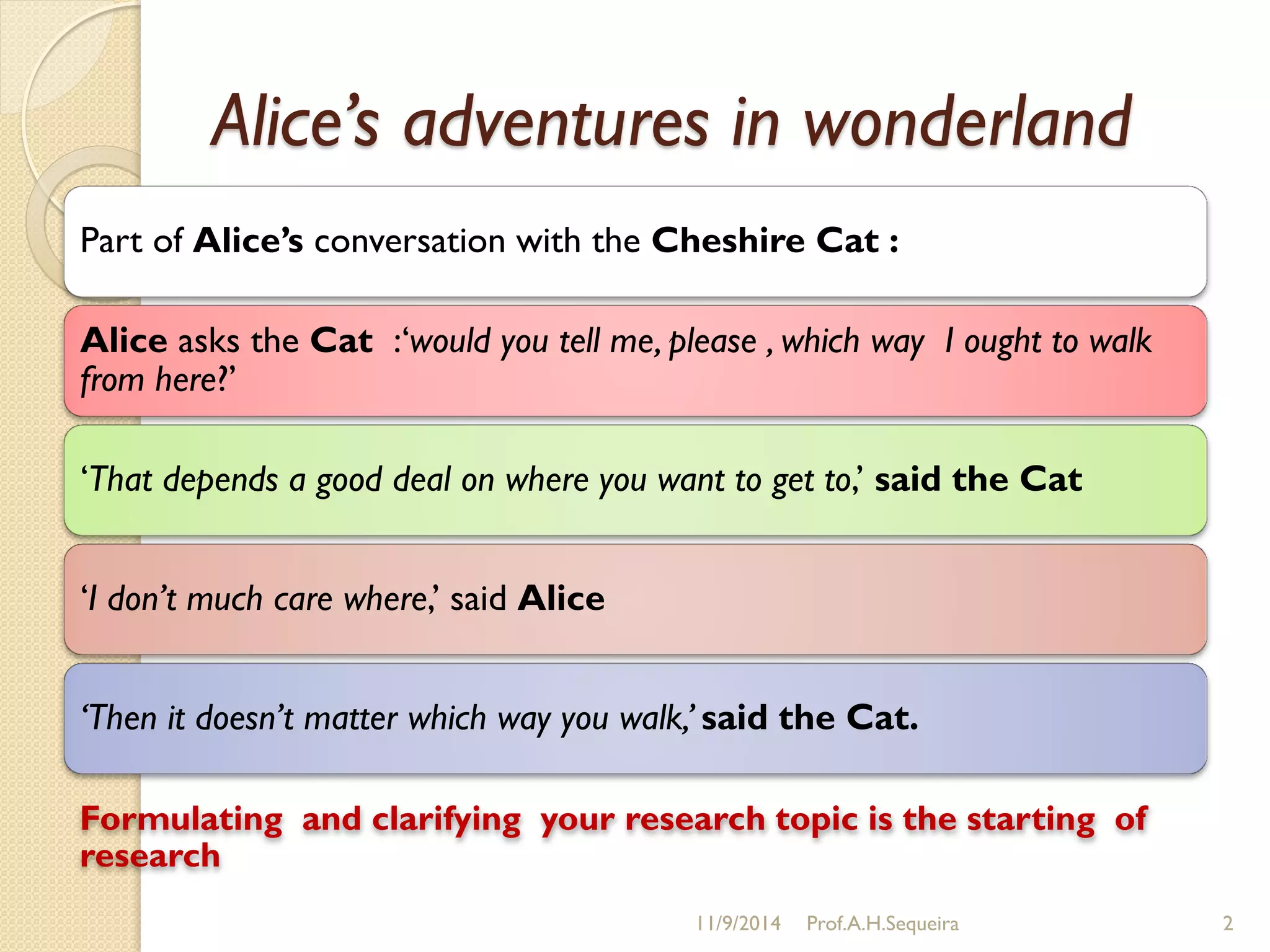 Alice’s adventures in wonderland
Part of Alice’s conversation with the Cheshire Cat :
Alice asks the Cat :„would you tell me, please , which way I ought to walk
from here?‟
„That depends a good deal on where you want to get to,‟ said the Cat
„I don’t much care where,‟ said Alice
‘Then it doesn’t matter which way you walk,’ said the Cat.
Formulating and clarifying your research topic is the starting of
research
11/9/2014 Prof.A.H.Sequeira 2
 