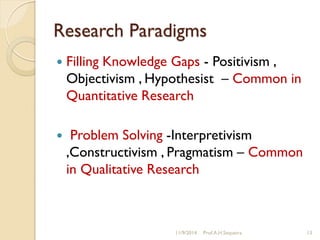 Research Paradigms
 Filling Knowledge Gaps - Positivism ,
Objectivism , Hypothesist – Common in
Quantitative Research
 Problem Solving -Interpretivism
,Constructivism , Pragmatism – Common
in Qualitative Research
11/9/2014 Prof.A.H.Sequeira 13
 