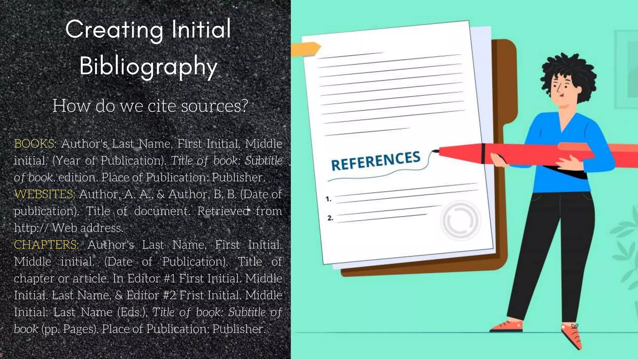 How do we cite sources?
BOOKS: Author's Last Name, First Initial. Middle
initial. (Year of Publication). Title of book: Subtitle
of book. edition. Place of Publication: Publisher.
WEBSITES: Author, A. A., & Author, B. B. (Date of
publication). Title of document. Retrieved from
http:// Web address.
CHAPTERS: Author's Last Name, First Initial.
Middle initial. (Date of Publication). Title of
chapter or article. In Editor #1 First Initial. Middle
Initial. Last Name, & Editor #2 Frist Initial. Middle
Initial. Last Name (Eds.), Title of book: Subtitle of
book (pp. Pages). Place of Publication: Publisher.
 