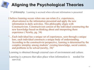 Aligning the Psychological Theories I believe learning occurs when one can relate (I.e. experiences, observations) to the information presented and apply the new information to daily activities. This philosophy aligns with Constructivism. Constructivism consist of the individual constructing the new knowledge based on thinking about and interpreting there experience ( Newby, pg. 34)  “… Each individual has a unique set of experiences, seen through a unique lens, each individual constructs a unique body of understanding. According to the constructivist perspective, learning is determined by the complex interplay among students’ existing knowledge, social context, and problems to be solved (newby, 34)” Learning is obtained through external cues of environment and culture. Learning is a process that takes place when information is  needed for survival.  1 st  philosophy:  Learning is accrued when relevant information is presented 