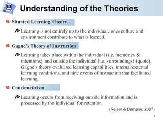 Understanding of the Theories Situated Learning Theory Learning is not entirely up to the individual; ones culture and environment contribute to what is learned. Gagne’s Theory of Instruction Learning takes place within the individual (i.e. memories & intentions)  and outside the individual (i.e. surroundings) (quote). Gagne’s theory evaluated learning capabilities, internal/external learning conditions, and nine events of instruction that facilitated learning.  Constructivism Learning occurs from receiving outside information and is processed by the individual for retention. (Reiser & Dempsy, 2007) 