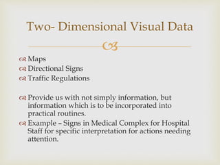 
 Maps
 Directional Signs
 Traffic Regulations
 Provide us with not simply information, but
information which is to be incorporated into
practical routines.
 Example – Signs in Medical Complex for Hospital
Staff for specific interpretation for actions needing
attention.
Two- Dimensional Visual Data
 