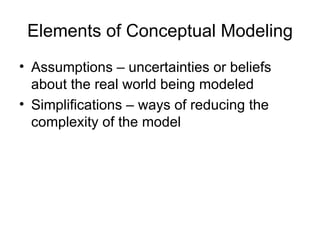 Elements of Conceptual Modeling Assumptions – uncertainties or beliefs about the real world being modeled Simplifications – ways of reducing the complexity of the model  