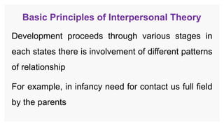 Basic Principles of Interpersonal Theory
Development proceeds through various stages in
each states there is involvement of different patterns
of relationship
For example, in infancy need for contact us full field
by the parents
 