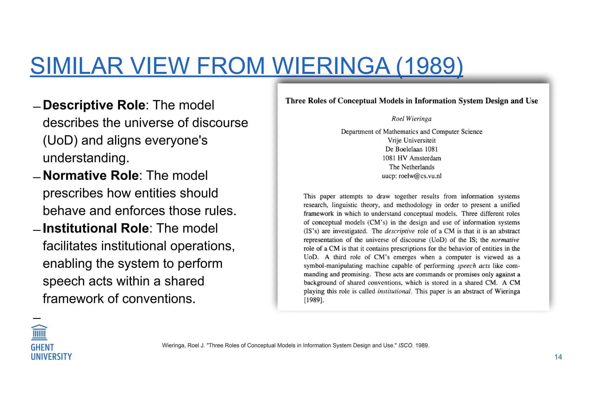 SIMILAR VIEW FROM WIERINGA (1989)
̶ Descriptive Role: The model
describes the universe of discourse
(UoD) and aligns everyone's
understanding.
̶ Normative Role: The model
prescribes how entities should
behave and enforces those rules.
̶ Institutional Role: The model
facilitates institutional operations,
enabling the system to perform
speech acts within a shared
framework of conventions.
̶
14
Wieringa, Roel J. "Three Roles of Conceptual Models in Information System Design and Use." ISCO. 1989.
 