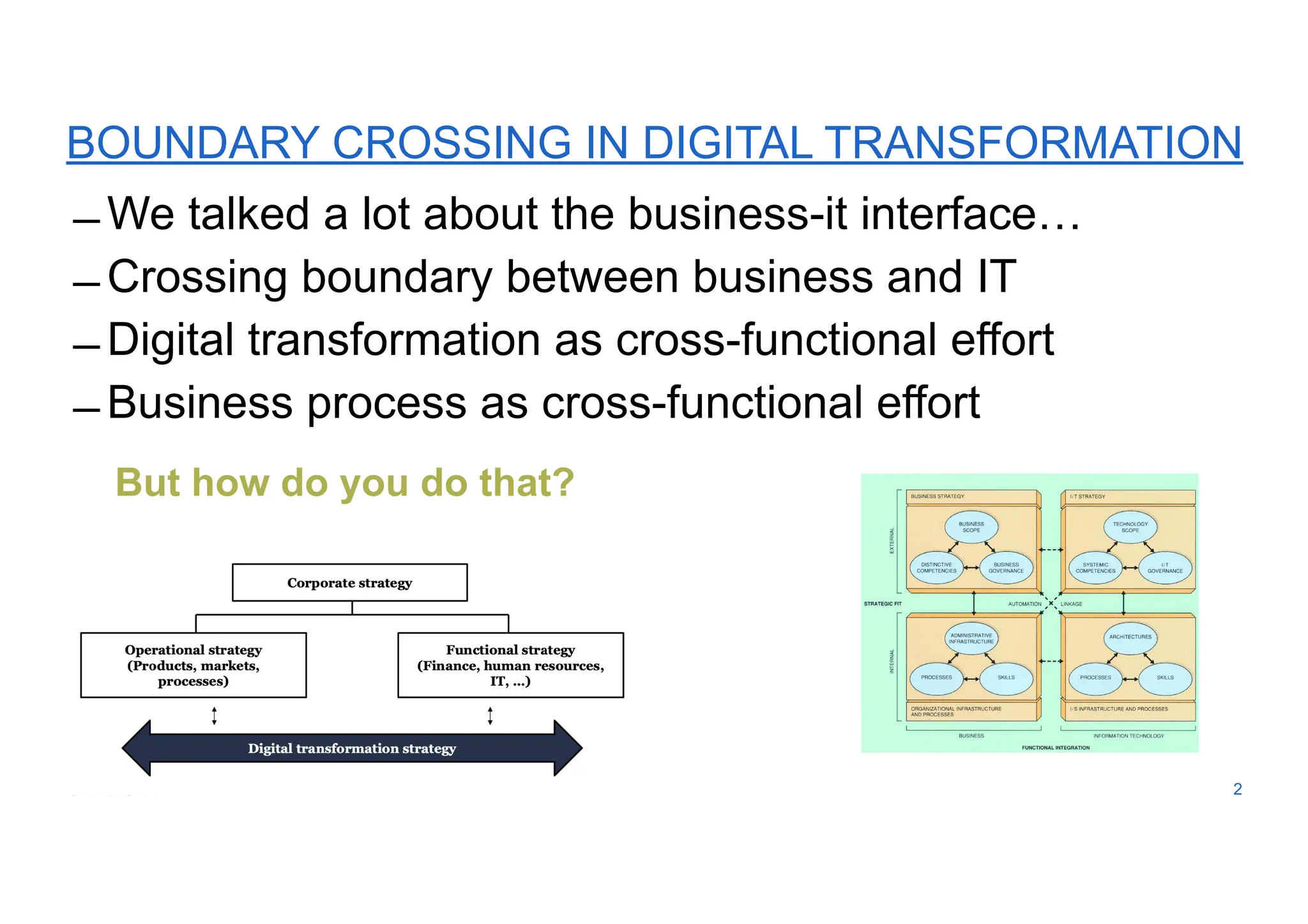 BOUNDARY CROSSING IN DIGITAL TRANSFORMATION
̶ We talked a lot about the business-it interface…
̶ Crossing boundary between business and IT
̶ Digital transformation as cross-functional effort
̶ Business process as cross-functional effort
2
But how do you do that?
 