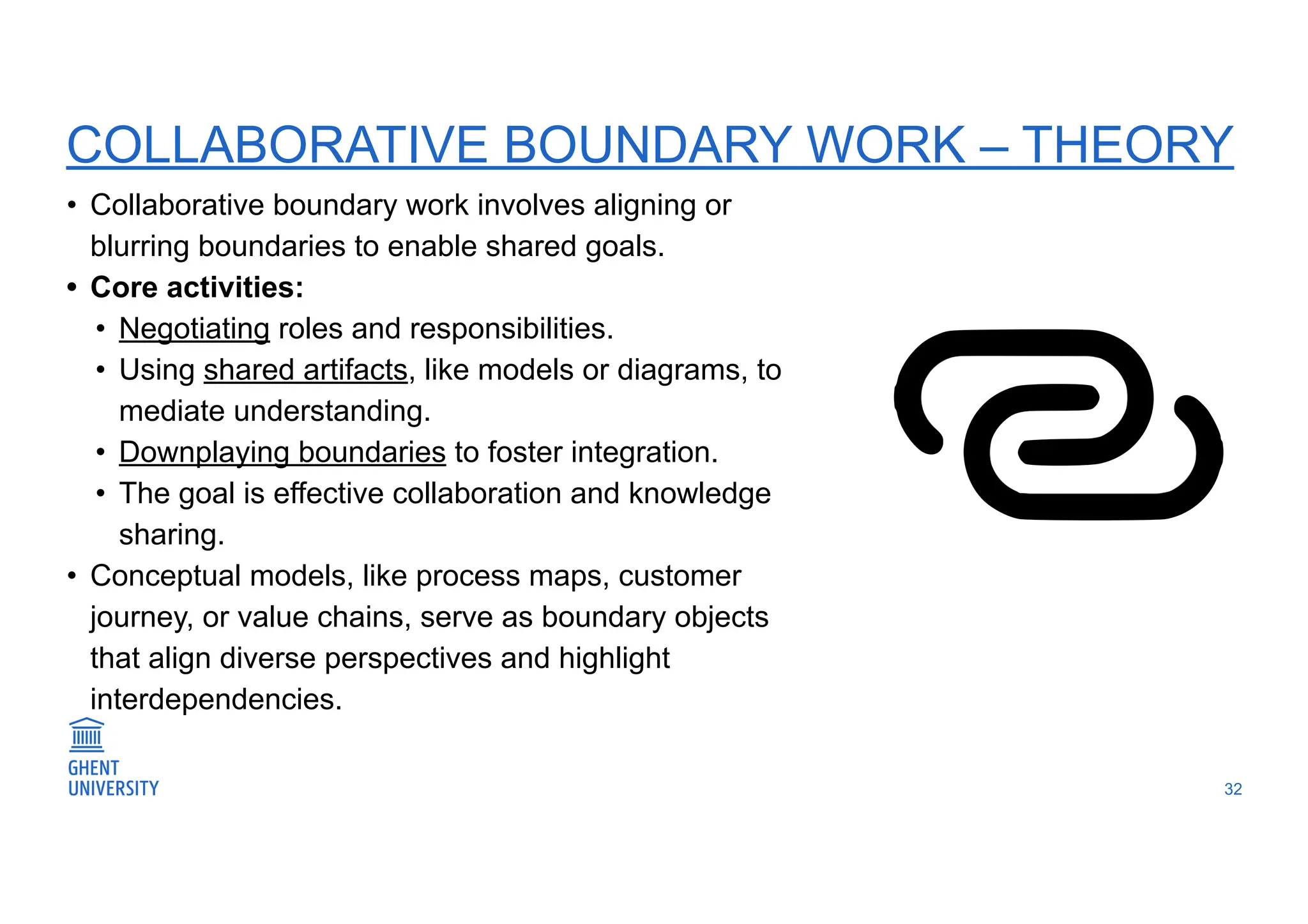 COLLABORATIVE BOUNDARY WORK – THEORY
32
• Collaborative boundary work involves aligning or
blurring boundaries to enable shared goals.
• Core activities:
• Negotiating roles and responsibilities.
• Using shared artifacts, like models or diagrams, to
mediate understanding.
• Downplaying boundaries to foster integration.
• The goal is effective collaboration and knowledge
sharing.
• Conceptual models, like process maps, customer
journey, or value chains, serve as boundary objects
that align diverse perspectives and highlight
interdependencies.
 