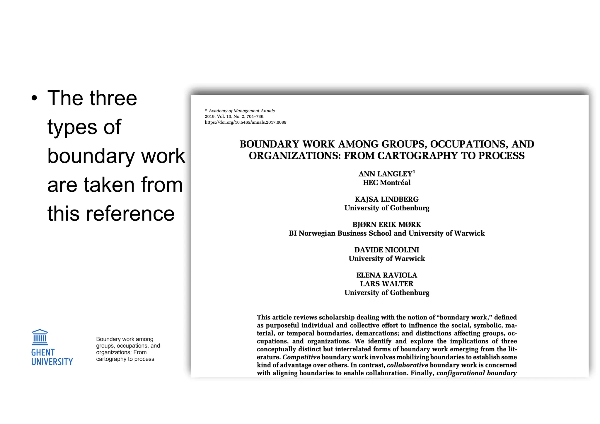 36
Boundary work among
groups, occupations, and
organizations: From
cartography to process
• The three
types of
boundary work
are taken from
this reference
 