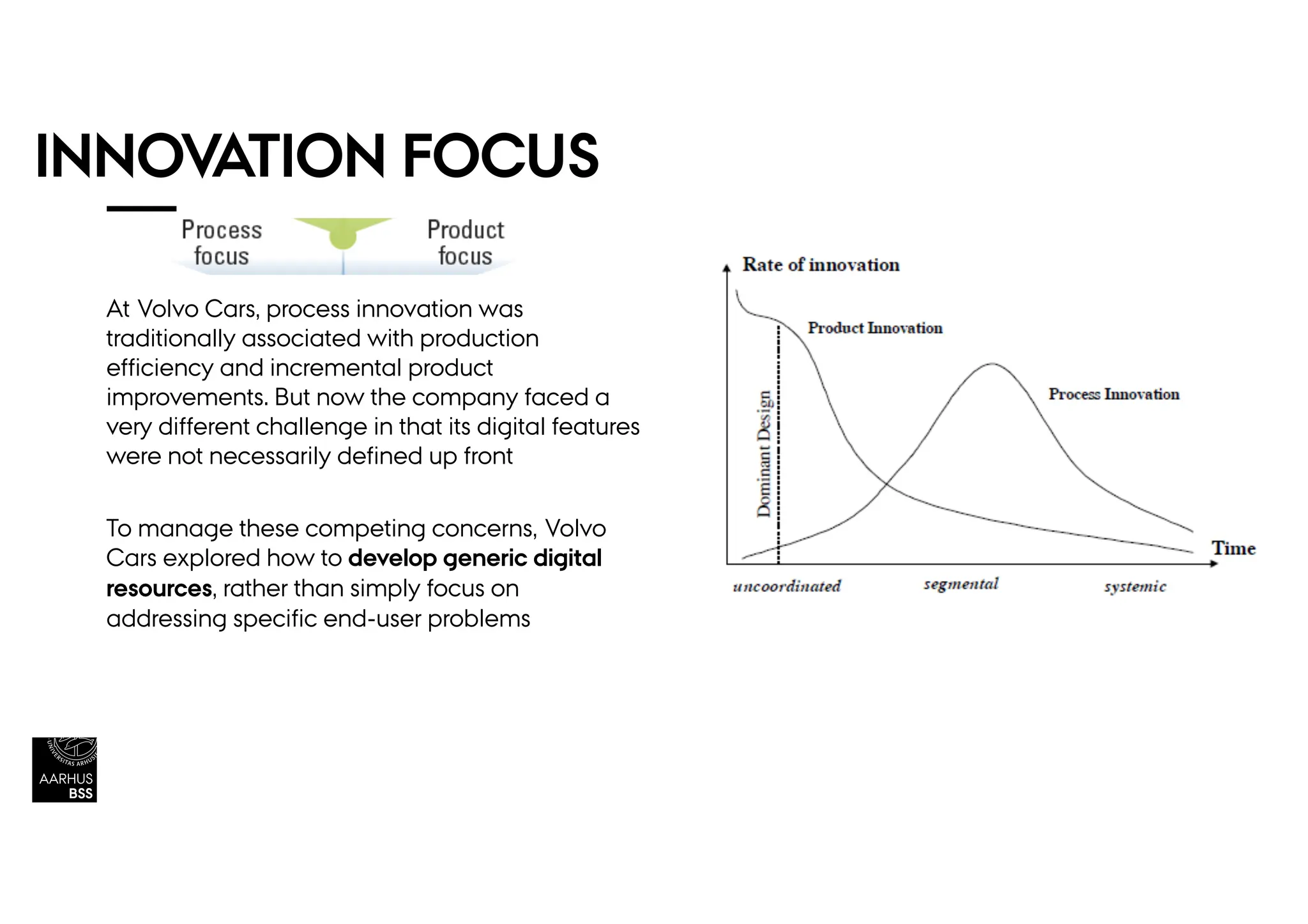 INNOVATION FOCUS
At Volvo Cars, process innovation was
traditionally associated with production
efficiency and incremental product
improvements. But now the company faced a
very different challenge in that its digital features
were not necessarily defined up front
To manage these competing concerns, Volvo
Cars explored how to develop generic digital
resources, rather than simply focus on
addressing specific end-user problems
 