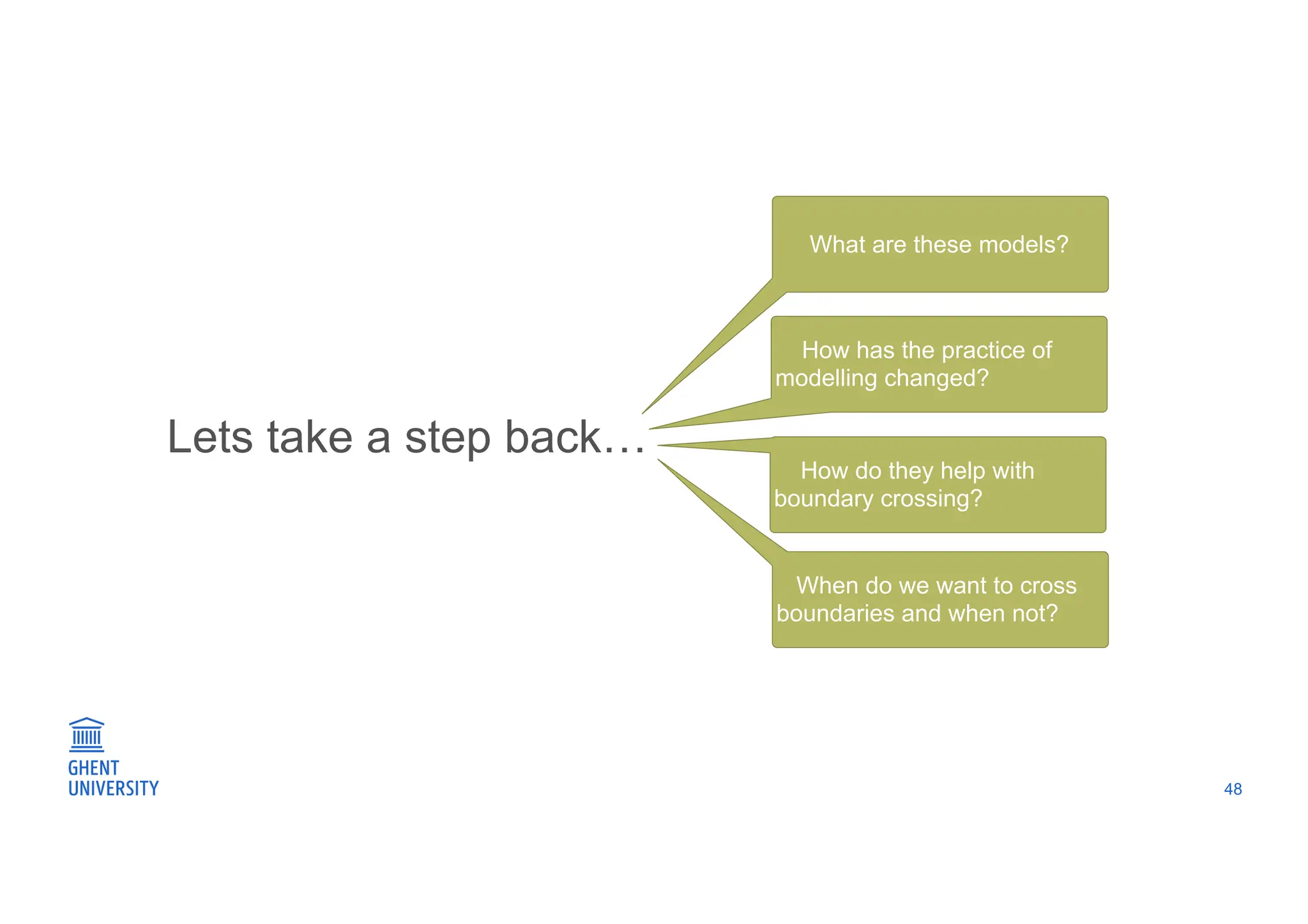 Lets take a step back…
48
What are these models?
How do they help with
boundary crossing?
When do we want to cross
boundaries and when not?
How has the practice of
modelling changed?
 