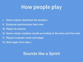 How people play
I. Game master describes the situation
II. Everyone synchronizes their view
III. Player do actions
IV. Game master explains results according to the story and the rules
V. Players evaluate result and adapt
VI. Start again from step I.
Sounds like a Sprint
 