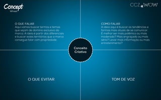 O QUE FALAR
Aqui vamos buscar termos e temas que
sejam de domínio exclusivo da marca. A
ideia é partir dos diferenciais e buscar
estes territórios que a marca consegue
falar com propriedade.
TOM DE VOZO QUE EVITAR
COMO FALAR
A ideia aqui é buscar as tendências e
formas mais atuais de se comunicar. É
melhor ser mais polêmico ou mais
moderado? Mais engraçado ou mais
sério? Levar mais informação ou mais
entretenimento?
Conceito
Criativo
 