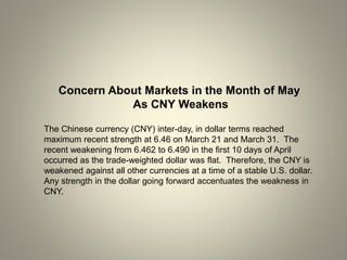 Concern About Markets in the Month of May
As CNY Weakens
The Chinese currency (CNY) inter-day, in dollar terms reached
maximum recent strength at 6.46 on March 21 and March 31. The
recent weakening from 6.462 to 6.490 in the first 10 days of April
occurred as the trade-weighted dollar was flat. Therefore, the CNY is
weakened against all other currencies at a time of a stable U.S. dollar.
Any strength in the dollar going forward accentuates the weakness in
CNY.
 