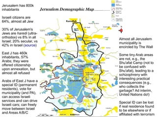 Jerusalem has 800k
inhabitants
Israeli citizens are
64%, almost all Jew
30% of Jerusalem's
Jews are haredi (ultra-
orthodox) vs 8% in all
Israel; 20% secular, vs
42% in Israel (source)
East J has 460k
inhabitants, 57%
Arabs; they were
offered citizenship
upon annexation, but
almost all refused
Arabs of East J have a
special ID (permanent
residents), vote for
municipality (and PA),
can access Israeli
services and can drive
Israeli cars; can freely
move between Israel
and Areas A/B/C
Almost all Jerusalem
municipality is
encircled by The Wall
Some tiny Arab areas
are not, e.g., the
Shu'afat Camp (not to
be confused with
Shu'afat), leading to a
schizophreny with
interesting practical
consequences (e.g.,
who collects the
garbage? Ad interim,
United Nations do!)
Special ID can be lost
if real residence found
to be elsewhere or if
affiliated with terrorism
 