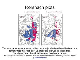 Rorshach plots
The very same maps are used either to show judaization/dearabization, or to
demonstrate that Arab built-up areas are allowed to expand too.
Not shown here: Jewish settlements inside Arab areas.
Recommended reading: F.Chiodelli, The Jerusalem Master Plan: Planning into the Conflict
(Download here)
 