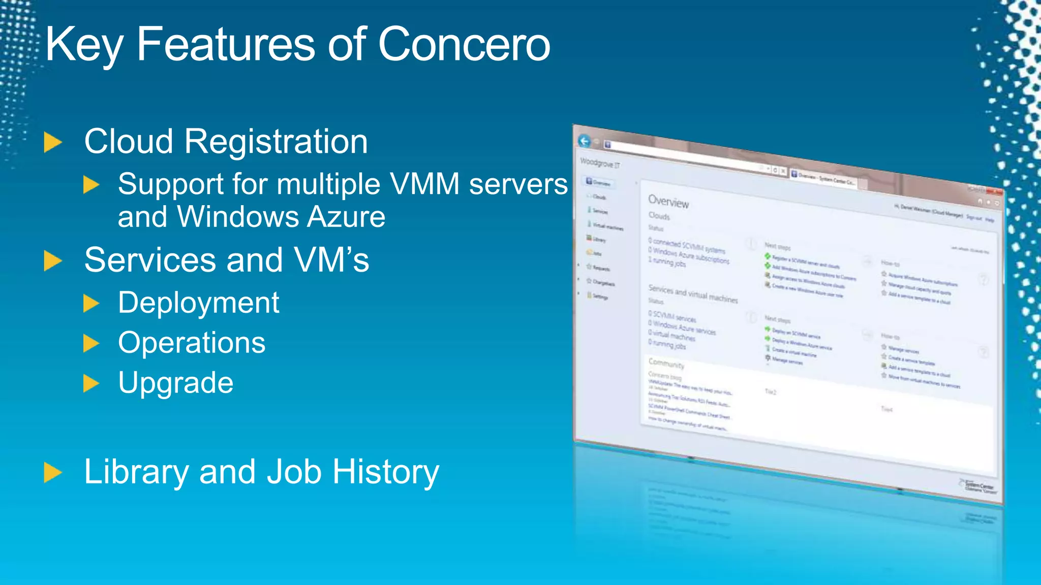 Key Features of ConceroCloud RegistrationSupport for multiple VMM servers and Windows AzureServices and VM’sDeploymentOperationsUpgradeLibrary and Job History