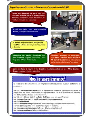 P A G E 3
Rappel des conférences présentées au Salon des Aînés 2018
Choisir une résidence ou rester chez soi
avec Mme Martine Bléfari et Mme Danielle
Belliveau, conseillères, Accès Résidences, la
voie humaine vers une résidence
Je suis tout ouie! avec Mme Catherine
Breault, audioprothésiste de Lobe
Le mandat de protection ou d'inaptitude
avec Mme Sabrina Chauny, avocate Juristes
à domicile
Discutons Alzheimer et compagnie!
avec Mme Catherine Royer-Bérard et
M. Daniel Charbonneau, intervenants
de l'organisme Le temps d'une pause
Prévention des fraudes financières avec
Mme Guylaine Dupont, conseillère Caisse
Desjardins d'Anjou-Tétreautville
L'aide médicale à mourir et les directives médicales anticipées avec Mme Sabrina
Chauny, avocate à Juristes à domicile
Le succès d'un tel Salon repose sur l'implication et le soutien de plusieurs partenaires et
personnes.
Merci à l'Arrondissement Anjou pour le prêt gracieux du Centre communautaire Anjou, la
préparation des salles, l'installation de l'équipement de son et le transport des résidents
des HLM avec l'autobus de l'Arrondissement.
Merci à notre député fédéral, M. Pablo Rodriguez pour son appui financier.
Merci aux conférenciers et conférencières ainsi qu'aux exposants.
Merci aux bénévoles.
Merci à Diane Lamontagne de l'AQDR Pointe de l'Île pour son excellente animation.
Merci à Josée Laganière pour la collecte des prix de présence.
Merci aux acteurs et actrices de la Troupe d'humour Les Anjoués!
Merci aux partenaires de la Concertation Ainés.
 