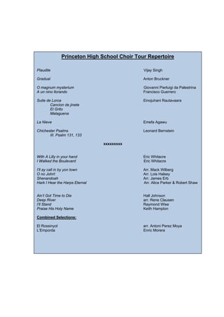 Princeton High School Choir Tour Repertoire

Plaudite                                      Vijay Singh

Gradual                                       Anton Bruckner

O magnum mysterium                            Giovanni Pierluigi da Palestrina
A un nino llorando                            Francisco Guerrero

Suite de Lorca                                Einojuhani Rautavaara
        Cancion de jinete
        El Grito
        Malaguena

La Nieve                                      Emefa Agawu

Chichester Psalms                             Leonard Bernstein
       III. Psalm 131, 133

                                xxxxxxxxx


With A Lilly in your hand                     Eric Whitacre
I Walked the Boulevard                        Eric Whitacre

I’ll ay call in by yon town                   Arr. Mack Wilberg
O no John!                                    Arr. Lois Halsey
Shenandoah                                    Arr. James Erb
Hark I Hear the Harps Eternal                 Arr. Alice Parker & Robert Shaw


Ain’t Got Time to Die                         Hall Johnson
Deep River                                    arr. Rene Clausen
I’ll Stand                                    Raymond Wise
Praise His Holy Name                          Keith Hampton

Combined Selections:

El Rossinyol                                  arr. Antoni Perez Moya
L’Emporda                                     Enric Morera
 