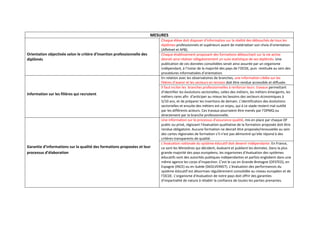 MESURES 
Orientation objectivée selon le critère d’insertion professionnelle des 
diplômés 
Chaque élève doit disposer d’information sur la réalité des débouchés de tous les 
diplômes professionnels et supérieurs avant de matérialiser son choix d’orientation 
(Affelnet et APB). 
Chaque établissement proposant des formations débouchant sur la vie active 
devrait ainsi réaliser obligatoirement un suivi statistique de ses diplômés. Une 
publication de ces données consolidées serait ainsi assurée par un organisme 
indépendant, à l’instar de la majorité des pays de l’OCDE, puis restituée au sein des 
procédures informatisées d’orientation. 
Information sur les filières qui recrutent 
En relation avec les observatoires de branches, une information ciblée sur les 
filières d’avenir et les secteurs en tension doit être rendue accessible et diffusée. 
Il faut inciter les branches professionnelles à renforcer leurs travaux permettant 
d’identifier les évolutions sectorielles, celles des métiers, les métiers émergents, les 
métiers rares afin d’anticiper au mieux les besoins des secteurs économiques à 
5/10 ans, et de préparer les insertions de demain. L’identification des évolutions 
sectorielles et ensuite des métiers est un enjeu, qui à ce stade restent mal outillé 
par les différents acteurs. Ces travaux pourraient être menés par l’OPMQ ou 
directement par la branche professionnelle. 
Garantie d’informations sur la qualité des formations proposées et leur 
processus d’élaboration 
Une information sur le processus d’assurance qualité, mis en place par chaque OF 
public ou privé, régissant l’évaluation qualitative de la formation proposée doit être 
rendue obligatoire. Aucune formation ne devrait être proposée/renouvelée au sein 
des cartes régionales de formation s’il n’est pas démontré qu’elle répond à des 
critères transparents de qualité. 
L’évaluation nationale du système éducatif doit devenir indépendante. En France, 
ce sont les Ministères qui décident, évaluent et publient les données. Dans la plus 
grande majorité des pays européens, les organismes d’évaluation des systèmes 
éducatifs sont des autorités publiques indépendantes et parfois englobent dans une 
même agence les corps d’inspection. C’est le cas en Grande‐Bretagne (OFSTED), en 
Espagne (INCE) ou en Suède (SKOLVERKET). L’évaluation des performances du 
système éducatif est désormais régulièrement consolidée au niveau européen et de 
l’OCDE. L’organisme d’évaluation de notre pays doit offrir des garanties 
d’impartialité de nature à rétablir la confiance de toutes les parties prenantes. 
 