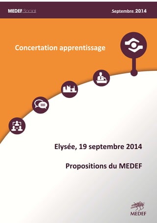 Concertation apprentissage 
Septembre 
Elysée, 19 septembre 2014 
Propositions du MEDEF 
MEDEF Actu‐Eco semaine du 16 au 20 juin 2014 1 
 