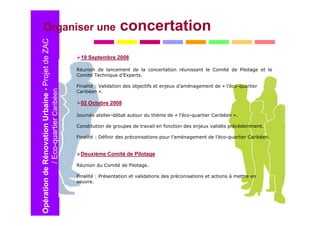 Organiser une                                                      concertation
Opération de Rénovation Urbaine - Projet de ZAC
                                                   19 Septembre 2008

                                                  Réunion de lancement de la concertation réunissant le Comité de Pilotage et le
                                                  Comité Technique d’Experts.

                                                  Finalité : Validation des objectifs et enjeux d’aménagement de « l’éco-quartier
             / Eco-quartier Caribéen



                                                  Caribéen ».

                                                   02 Octobre 2008

                                                  Journée atelier-débat autour du thème de « l’éco-quartier Caribéen ».

                                                  Constitution de groupes de travail en fonction des enjeux validés précédemment.

                                                  Finalité : Définir des préconisations pour l’aménagement de l’éco-quartier Caribéen.


                                                   Deuxième Comité de Pilotage

                                                  Réunion du Comité de Pilotage.

                                                  Finalité : Présentation et validations des préconisations et actions à mettre en
                                                  oeuvre.
 
