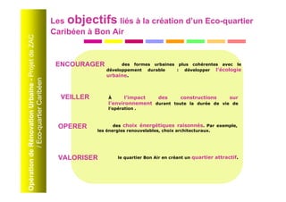 Les objectifs liés à la création d’un Eco-quartier
Opération de Rénovation Urbaine - Projet de ZAC   Caribéen à Bon Air


                                                   ENCOURAGER          des formes urbaines plus cohérentes avec le
                                                                 développement durable     : développer l’écologie
                                                                 urbaine.
             / Eco-quartier Caribéen




                                                    VEILLER       À      l’impact  des      constructions     sur
                                                                  l’environnement durant toute la durée de vie de
                                                                  l’opération .



                                                   OPERER            des choix énergétiques raisonnés. Par exemple,
                                                              les énergies renouvelables, choix architecturaux.




                                                   VALORISER          le quartier Bon Air en créant un quartier attractif.
 