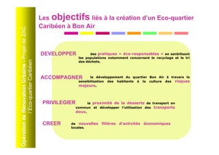 Les objectifs liés à la création d’un Eco-quartier
Opération de Rénovation Urbaine - Projet de ZAC
                                                  Caribéen à Bon Air



                                                  DEVELOPPER            des pratiques « éco-responsables » en senbilisant
                                                                  les populations notamment concernant le recyclage et le tri
             / Eco-quartier Caribéen




                                                                  des déchets.




                                                  ACCOMPAGNER           le développement du quartier Bon Air à travers la
                                                                  sensibilisation des habitants à la culture des risques
                                                                  majeurs.



                                                   PRIVILEGIER         la proximité de la desserte de transport en
                                                                 commun et développer l’utilisation des transports
                                                                 doux.


                                                   CREER    de nouvelles      filières d’activités économiques
                                                            locales.
 