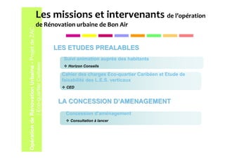 Les missions et intervenants de l’opération
                       de Rénovation urbaine de Bon Air
Opération de Rénovation Urbaine - Projet de ZAC

                                                  LES ETUDES PREALABLES
                                                    Suivi animation auprès des habitants
             / Eco-quartier Caribéen




                                                      Horizon Conseils

                                                    Cahier des charges Eco-quartier Caribéen et Etude de
                                                    faisabilité des L.E.S. verticaux
                                                     CED


                                                   LA CONCESSION D’AMENAGEMENT
                                                     Concession d’aménagement
                                                       Consultation à lancer
 