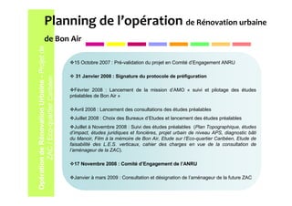 Planning de l’opération de Rénovation urbaine
               de Bon Air
Opération de Rénovation Urbaine - Projet de

                                               15 Octobre 2007 : Pré-validation du projet en Comité d’Engagement ANRU

                                                31 Janvier 2008 : Signature du protocole de préfiguration
        ZAC / Eco-quartier Caribéen




                                                Février 2008 : Lancement de la mission d’AMO « suivi et pilotage des études
                                              préalables de Bon Air »

                                               Avril 2008 : Lancement des consultations des études préalables
                                               Juillet 2008 : Choix des Bureaux d’Etudes et lancement des études préalables
                                                 Juillet à Novembre 2008 : Suivi des études préalables (Plan Topographique, études
                                              d’impact, études juridiques et foncières, projet urbain de niveau APS, diagnostic bâti
                                              du Manoir, Film à la mémoire de Bon Air, Etude sur l’Eco-quartier Caribéen, Etude de
                                              faisabilité des L.E.S. verticaux, cahier des charges en vue de la consultation de
                                              l’aménageur de la ZAC).

                                               17 Novembre 2008 : Comité d’Engagement de l’ANRU

                                               Janvier à mars 2009 : Consultation et désignation de l’aménageur de la future ZAC
 