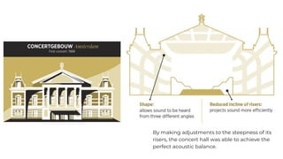 By making adjustments to the steepness of its
risers, the concert hall was able to achieve the
perfect acoustic balance.
 